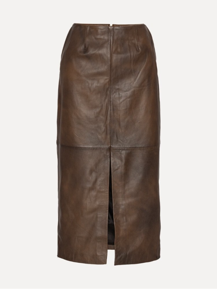 Rotate dark brown leather midi pencil skirt