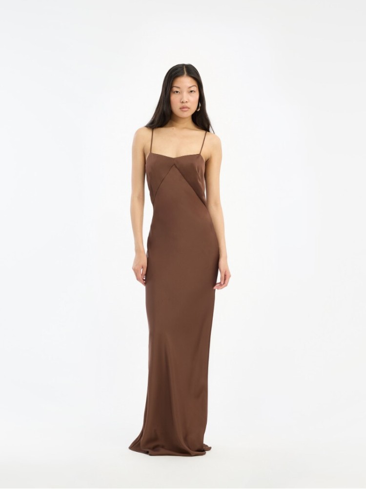 Rotate dark brown satin maxi slip dress