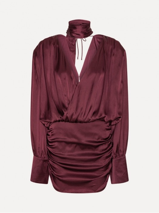 Rotate burgundy ls silk v-neck dress