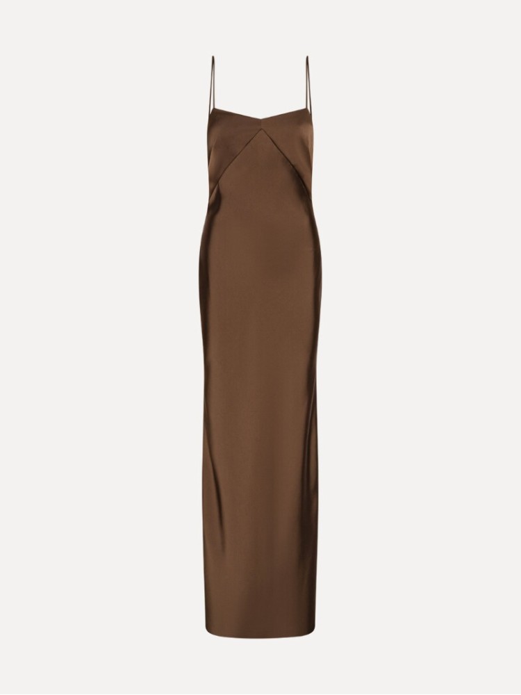 Rotate dark brown satin maxi slip dress