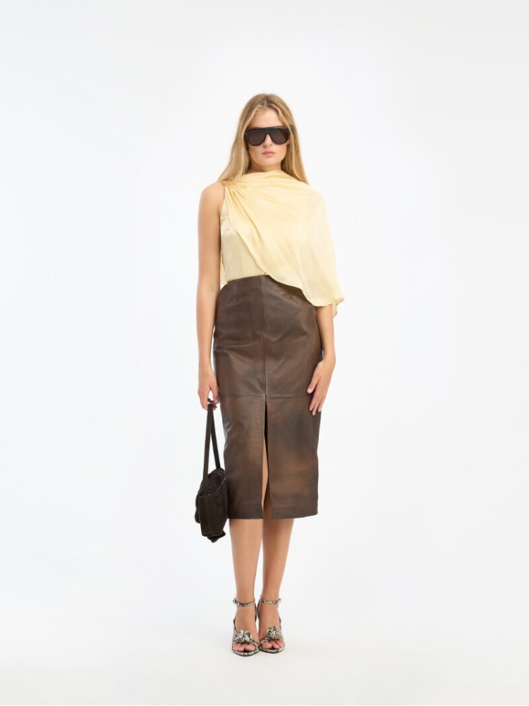 Rotate dark brown leather midi pencil skirt