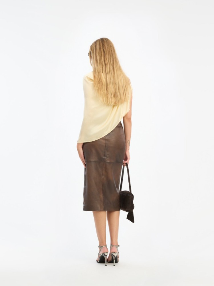 Rotate dark brown leather midi pencil skirt