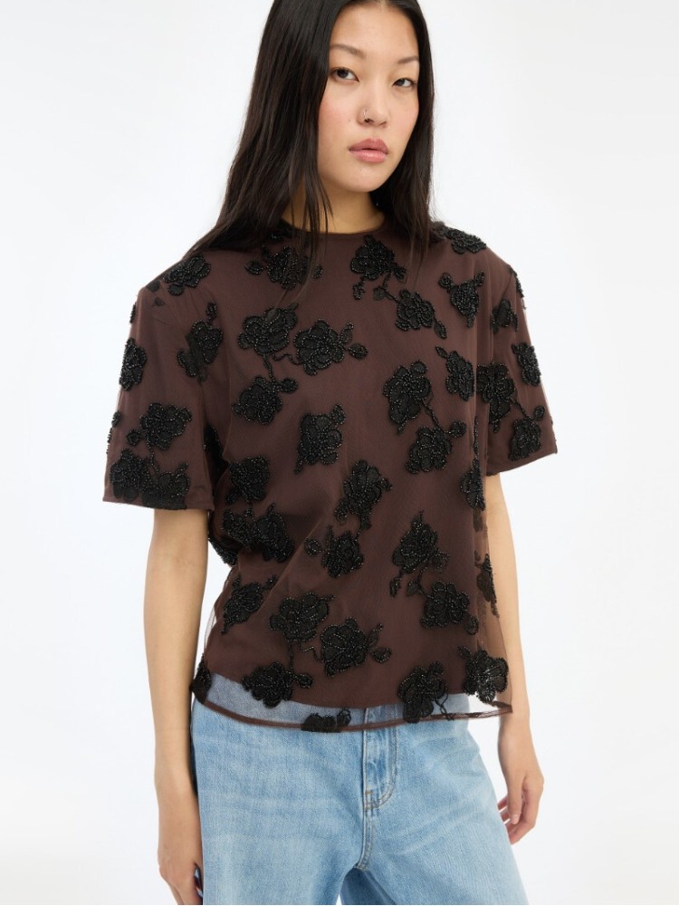 Rotate dark brown beaded oversized top