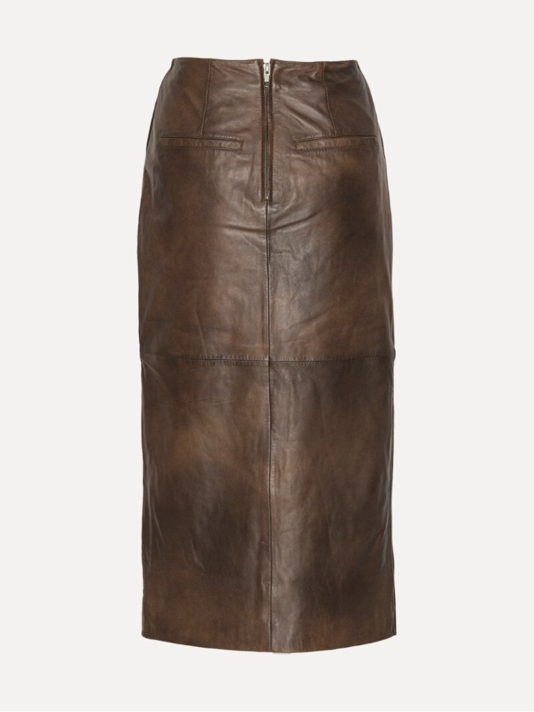Rotate dark brown leather midi pencil skirt