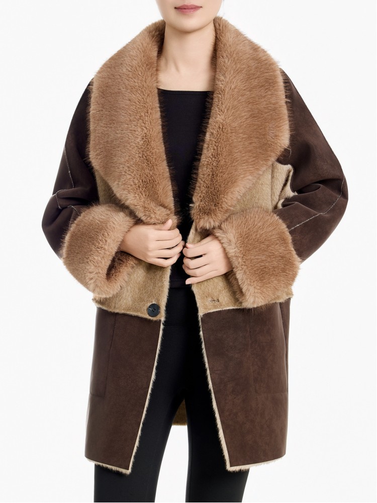 Tavus beige bis choco faux γούνινο παλτό διπλής όψης