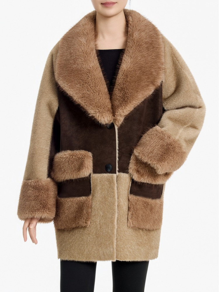 Tavus beige bis choco faux γούνινο παλτό διπλής όψης