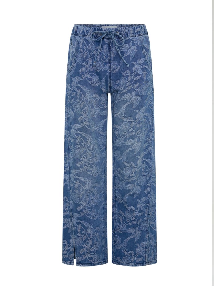 One teaspoon Soaring Jacquard Blue Roadhouse Mid Waist Wide Leg Drawstring denim jeans 