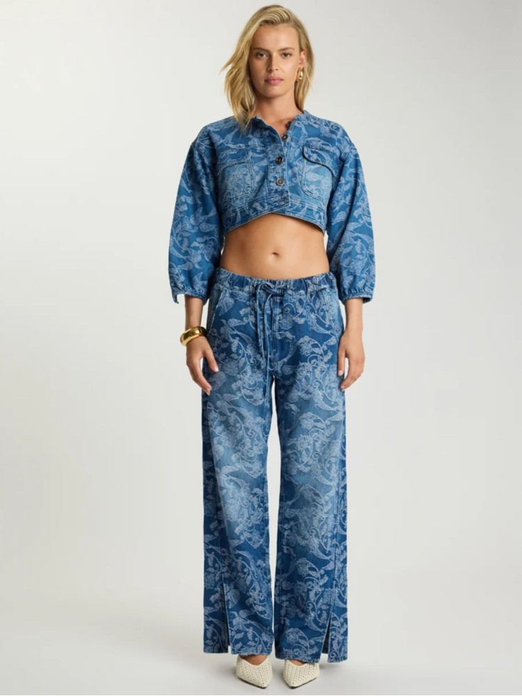 One teaspoon Soaring Jacquard Blue Roadhouse Mid Waist Wide Leg Drawstring denim jeans 