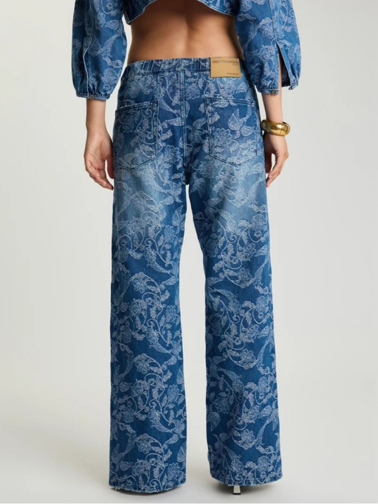 One teaspoon Soaring Jacquard Blue Roadhouse Mid Waist Wide Leg Drawstring denim jeans 