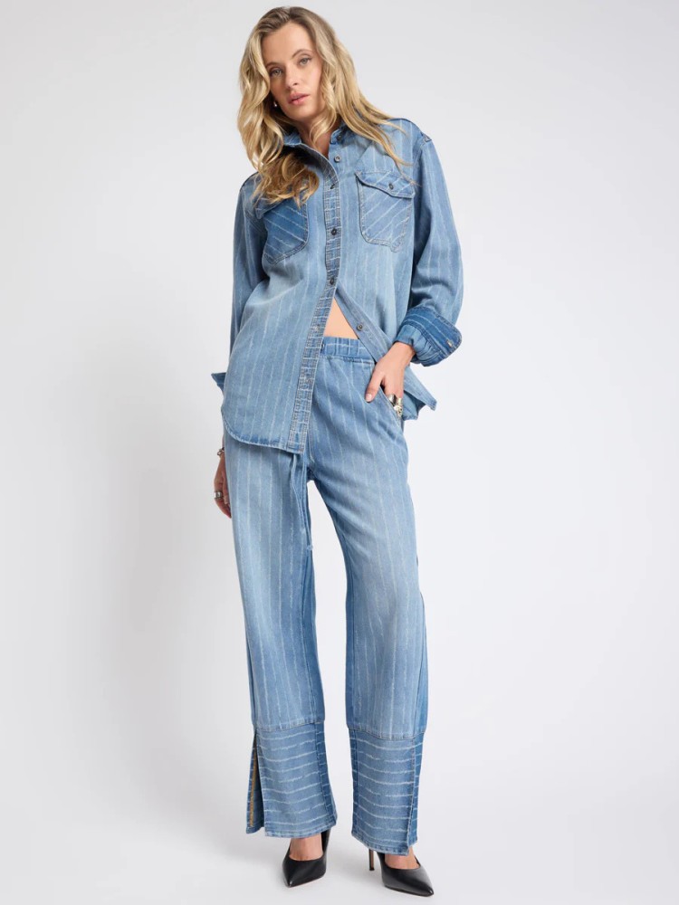 One teaspoon roadhouse mid waist wide leg μπλε ριγε τζιν παντελόνι