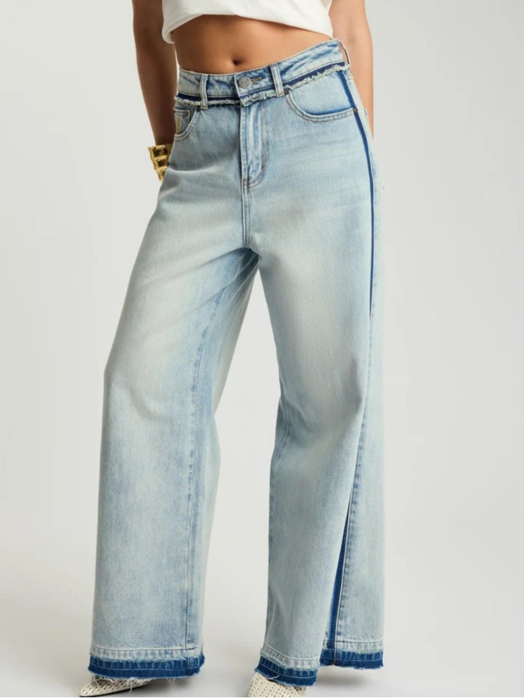 One teaspoon Split Party Contrast Blue Love Machines Mid Waist Super Wide Leg τζιν παντελόνι