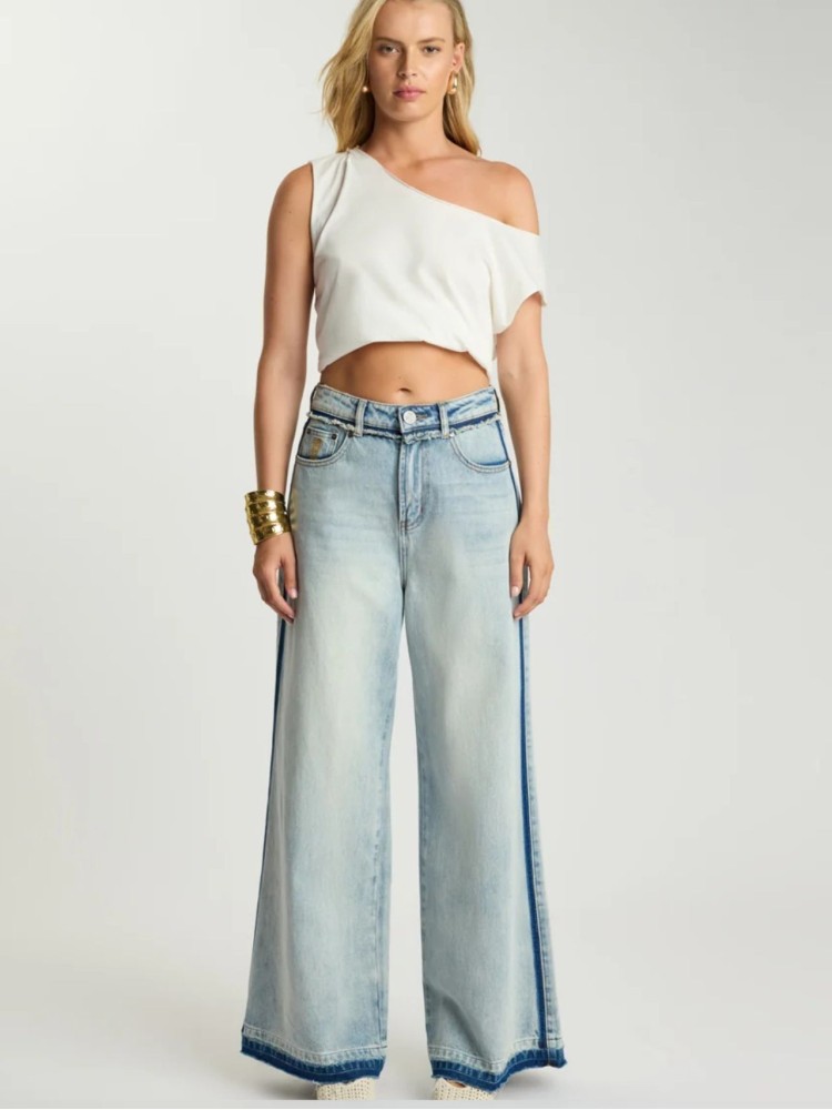 One teaspoon Split Party Contrast Blue Love Machines Mid Waist Super Wide Leg τζιν παντελόνι