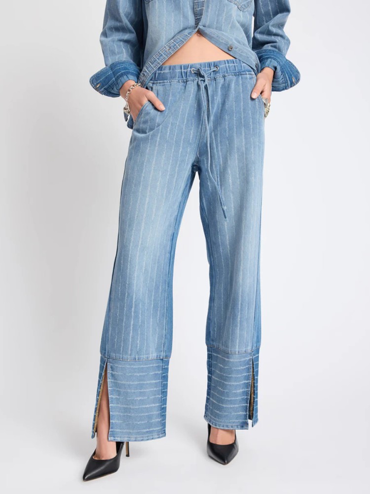 One teaspoon roadhouse mid waist wide leg μπλε ριγε τζιν παντελόνι