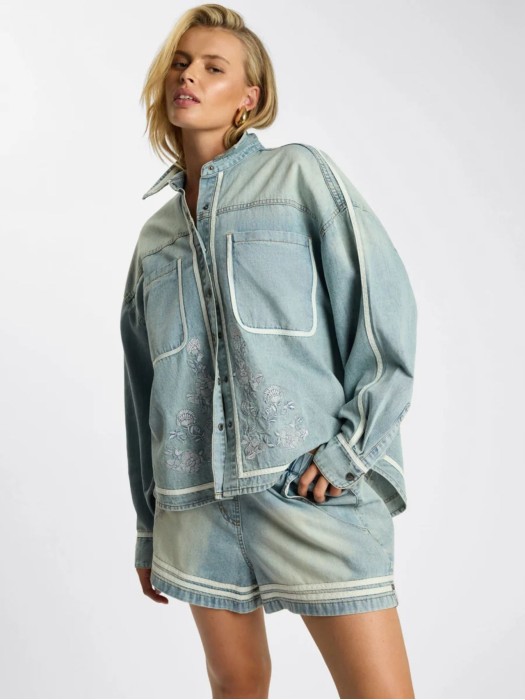 One teaspoon Folklore Chambray Blue  Embroidered Essential τζιν πουκάμισο