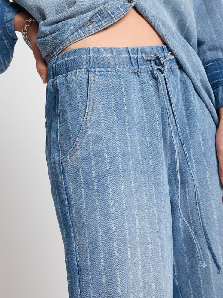 One teaspoon roadhouse mid waist wide leg μπλε ριγε τζιν παντελόνι