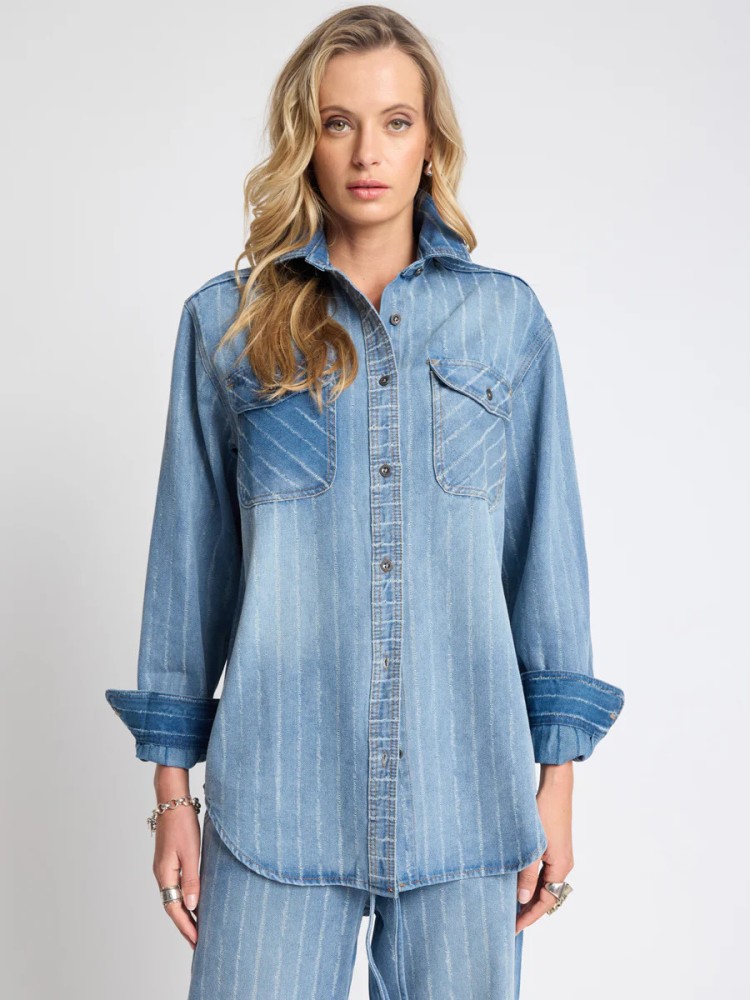 One teaspoon distressed μπλε με ρίγες τζιν πουκάμισο