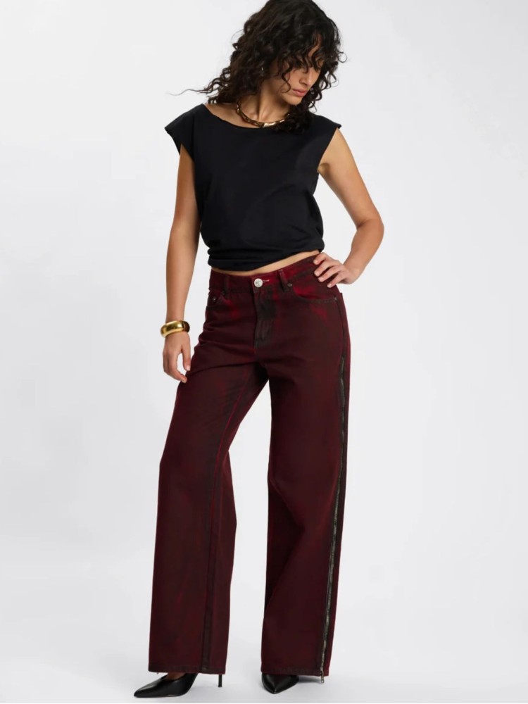 One teaspoon Oil Stained Maroon Jackson Mid Waist Wide Leg Denim Jeans