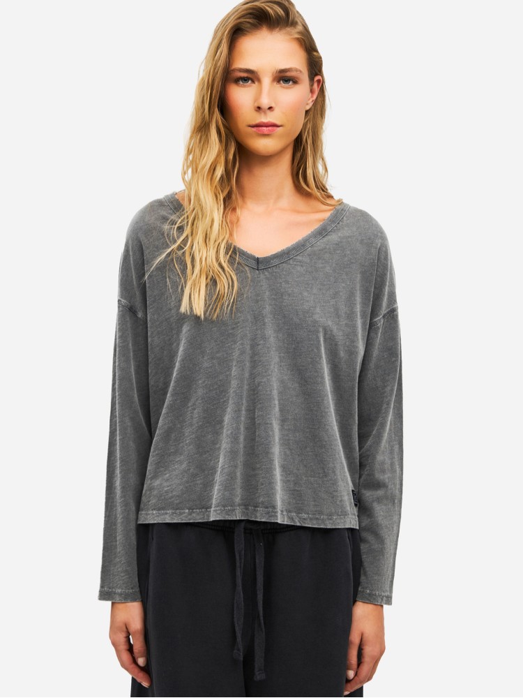 Dirty Laundry vintage grey v-neck μακρυμάνικο relaxed t-shirt 
