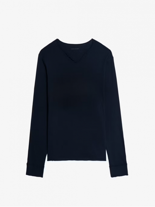 Zadig&Voltaire dark blue long-sleeved Henley T-shirt with print on the back