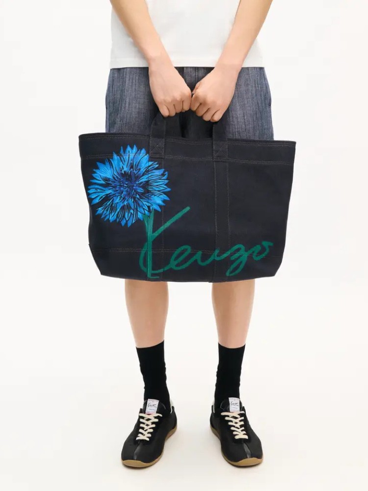 Kenzo navy blue 'KENZO Tulip' large denim-like  tote bag 