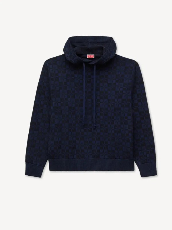 KENZO blue black ''Kenzogram'' cotton knitted hoodie