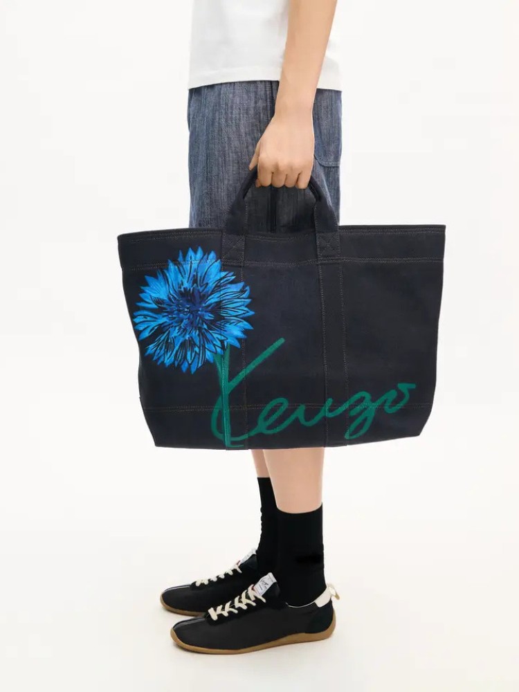 Kenzo navy blue 'KENZO Tulip' large denim-like  tote bag 