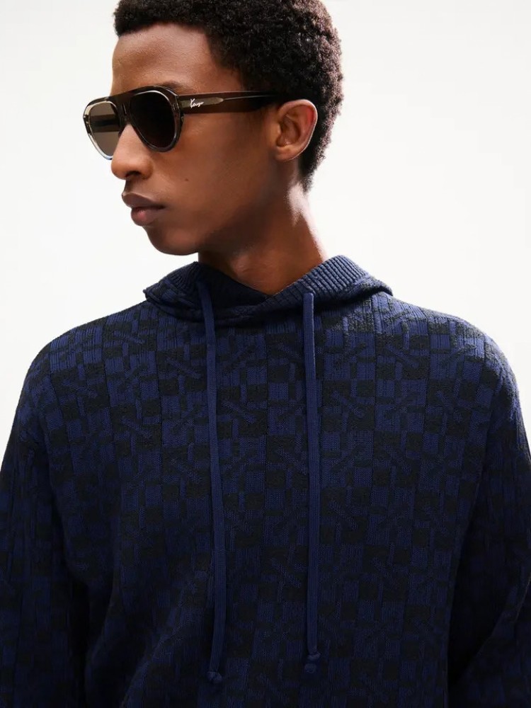 KENZO blue black ''Kenzogram'' βαμβακερό φούτερ με κουκούλα