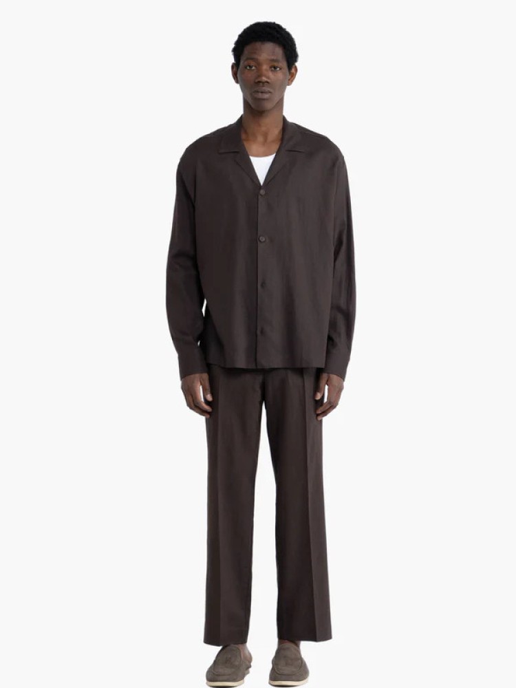 I'm brian καφέ μακρυμάνικο linen blend πουκάμισο