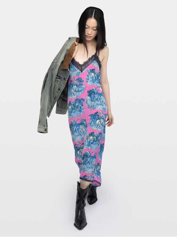 Zadig&Voltaire risty pink printed midi dress with french lace