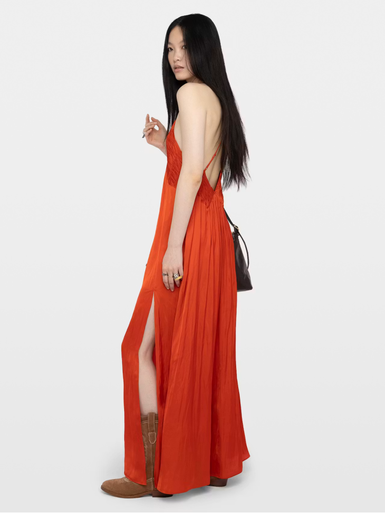Zadig&Voltaire rayonne long satin tangerine pleated dress