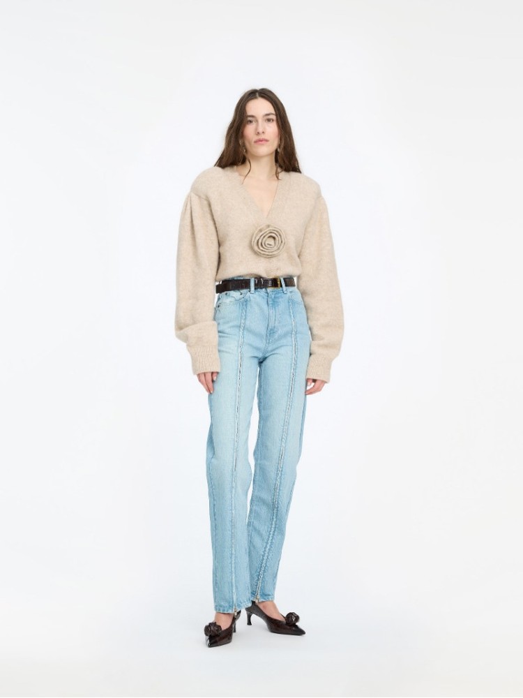 Rotate light blue straight denim zip jeans 