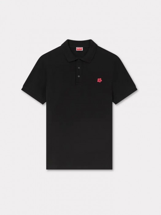 KENZO black 'Boke Flower' embroidered slim polo in cotton
