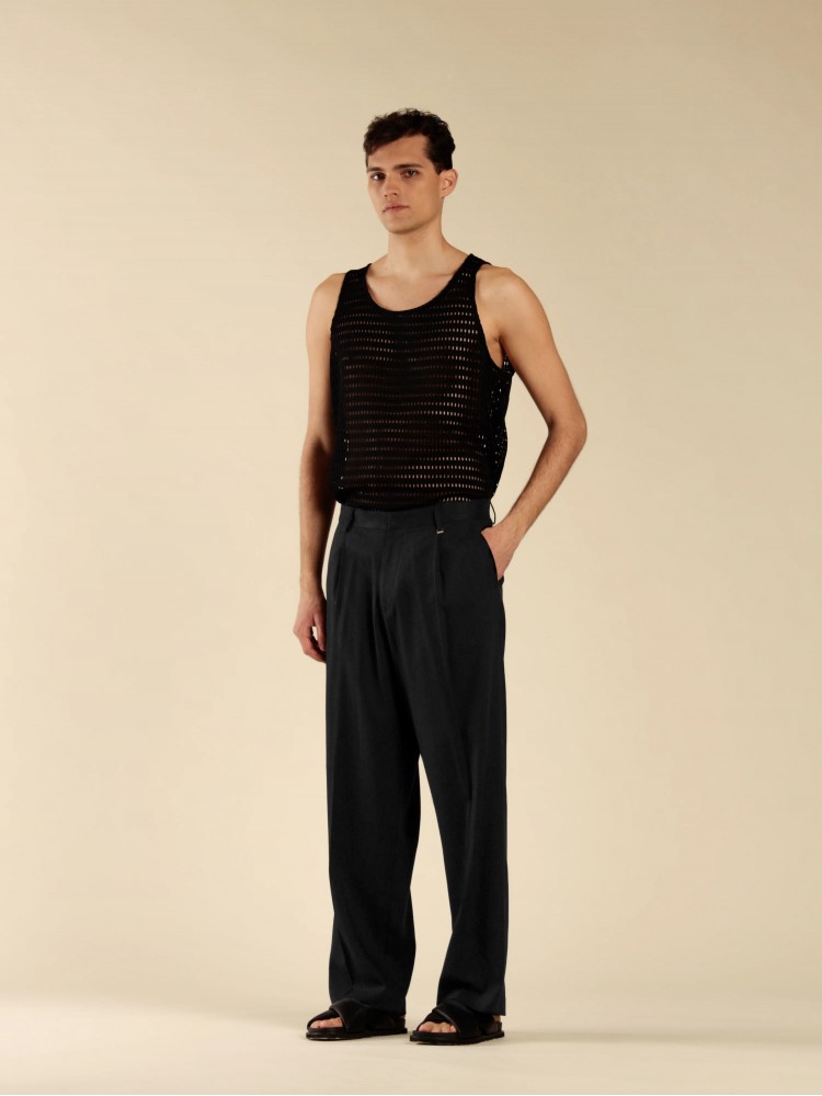 I'm brian black wide leg linen blend trousers