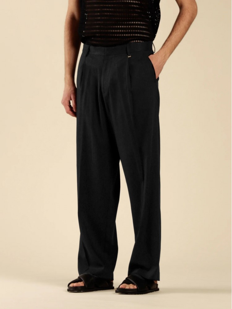 I'm brian black wide leg linen blend trousers