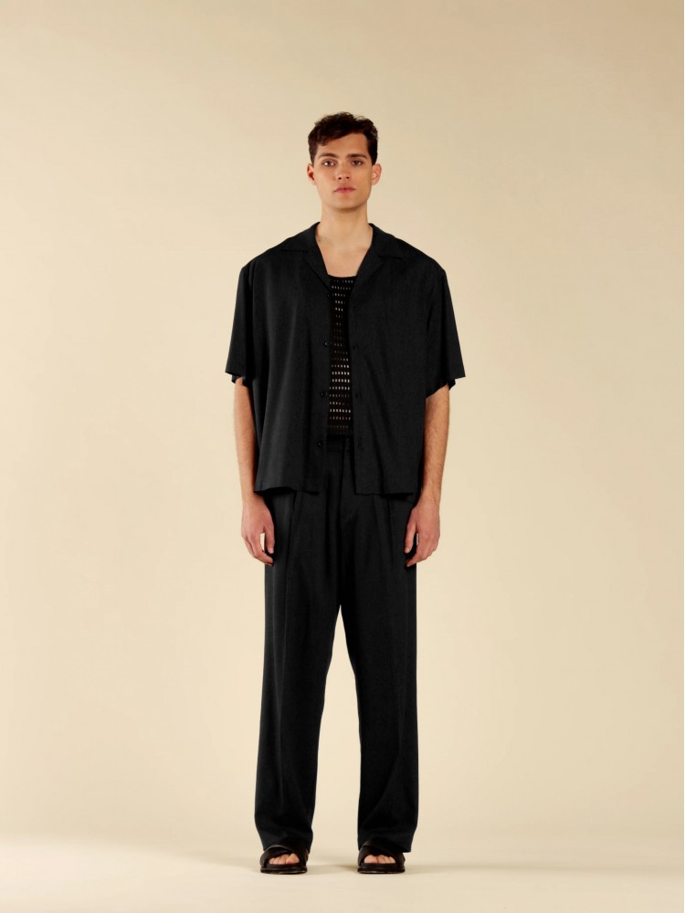 I'm brian black wide leg linen blend trousers