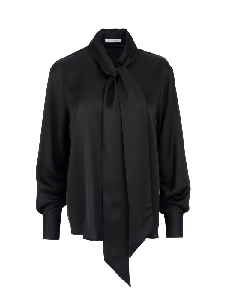 Philosophy off black satin ecovero tie neck πουκάμισο