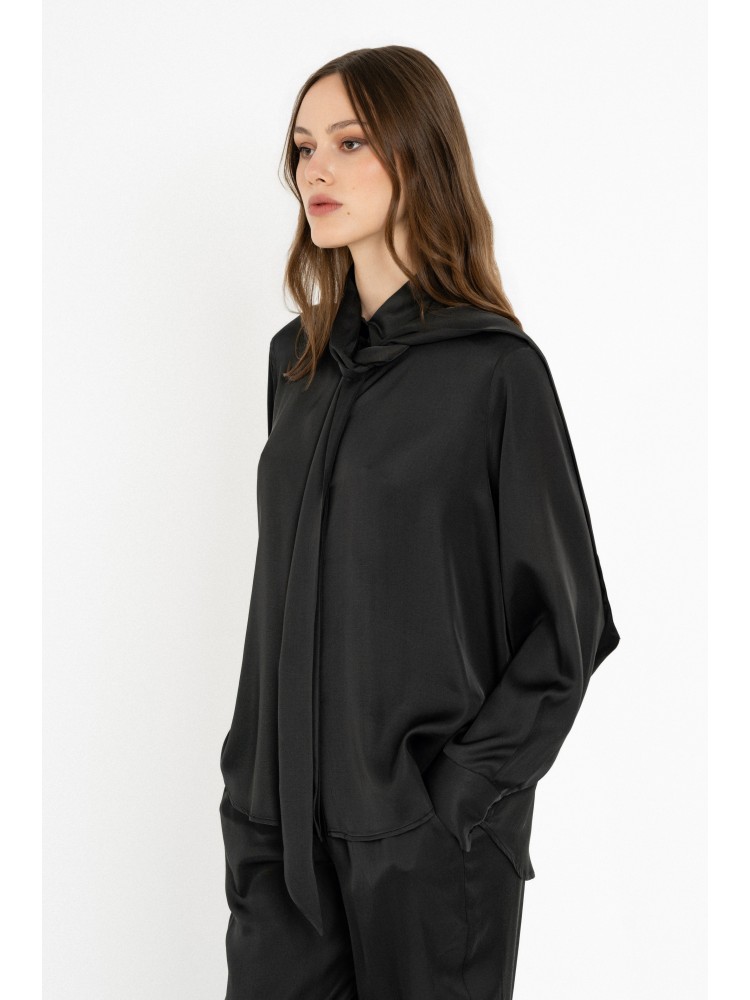 Philosophy off black satin ecovero tie neck πουκάμισο