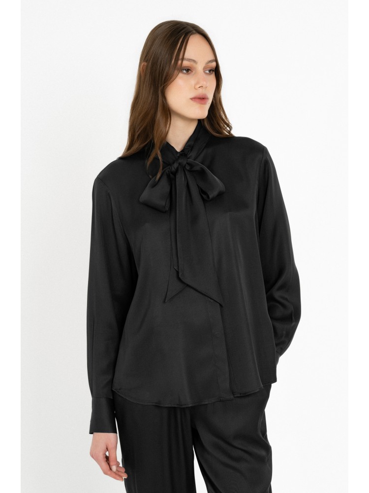 Philosophy off black satin ecovero tie neck πουκάμισο